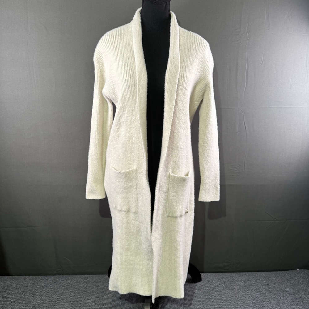 Long Open-Front Cream Knit Cardigan Sweater VGC